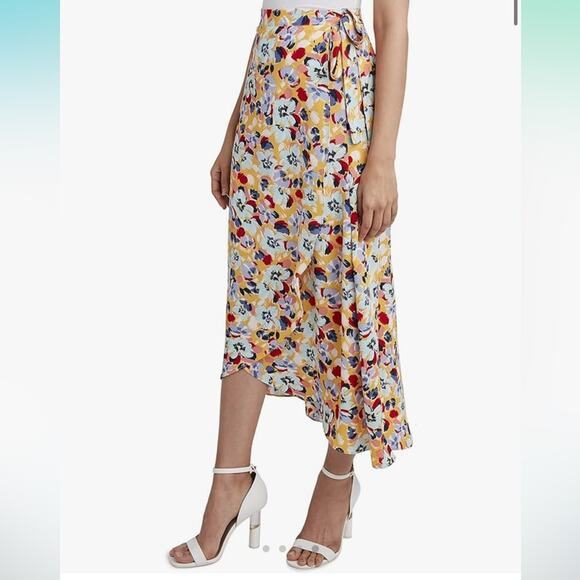 BCBGeneration Yellow Red Blue Floral Ruffle Sarong Wrap Midi Skirt, EUC, Size XS - Picture 3 of 12